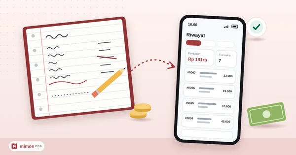 Ilustrasi buku catatan penuh coretan angka berpindah ke HP yang menampilkan riwayat penjualan dan total omzet