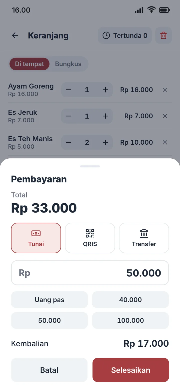 Layar Bayar tunai dengan kembalian