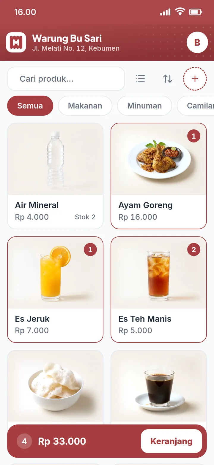 Layar Kasir: grid produk dan bar keranjang