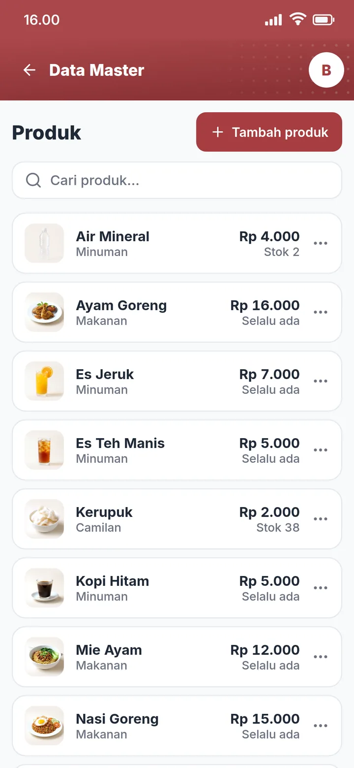 Layar daftar Produk dengan foto dan stok