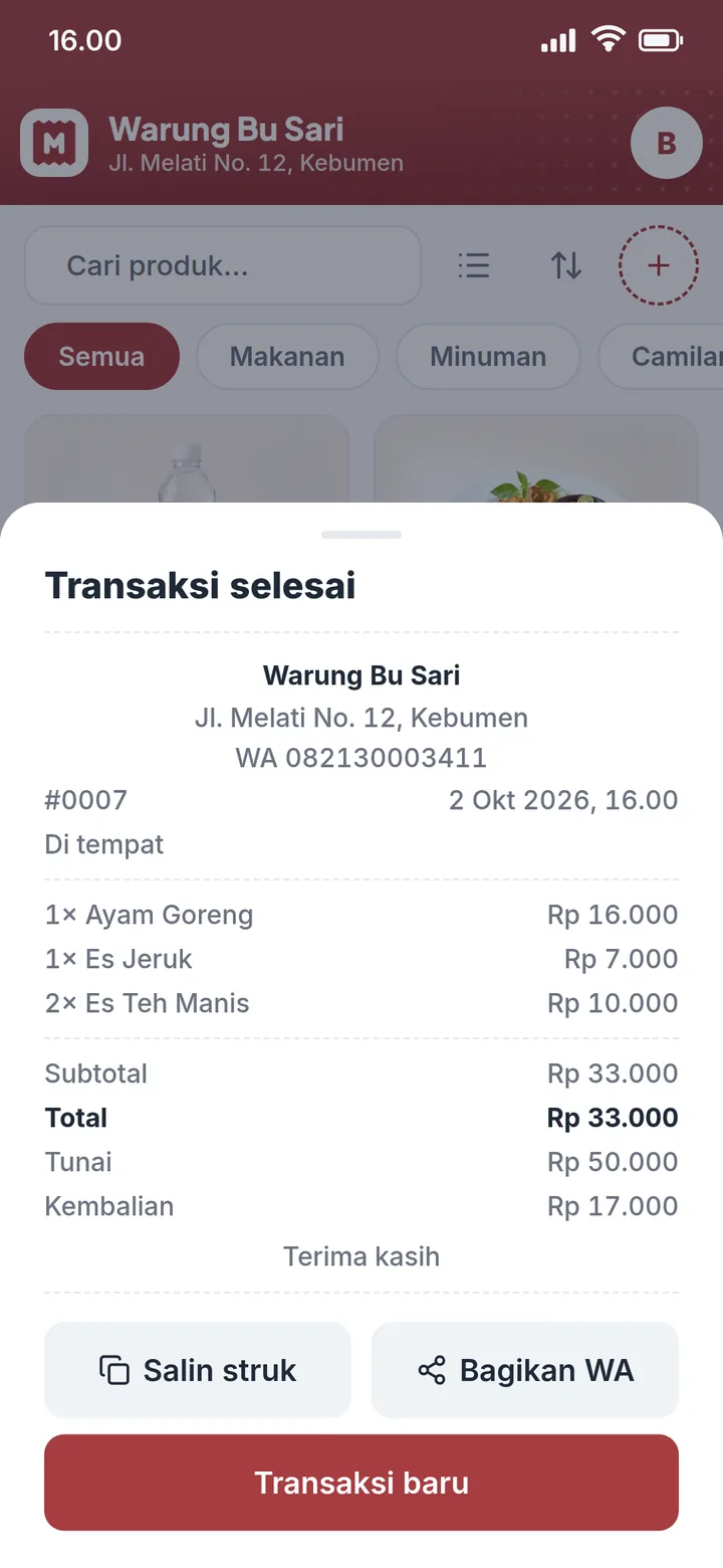 Struk transaksi selesai dengan tombol Bagikan WA