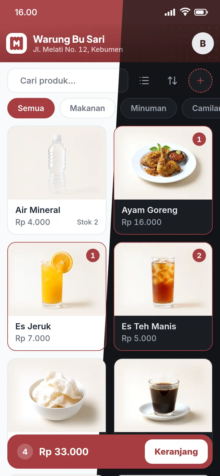 Layar Kasir yang sama dalam mode terang (kiri) dan mode gelap (kanan)