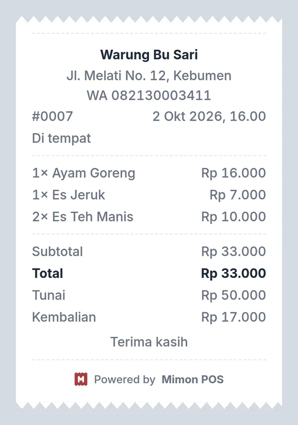 Contoh gambar struk yang diterima pembeli di WhatsApp: Warung Bu Sari, 2× Nasi Goreng, 1× Kerupuk, total Rp 32.000