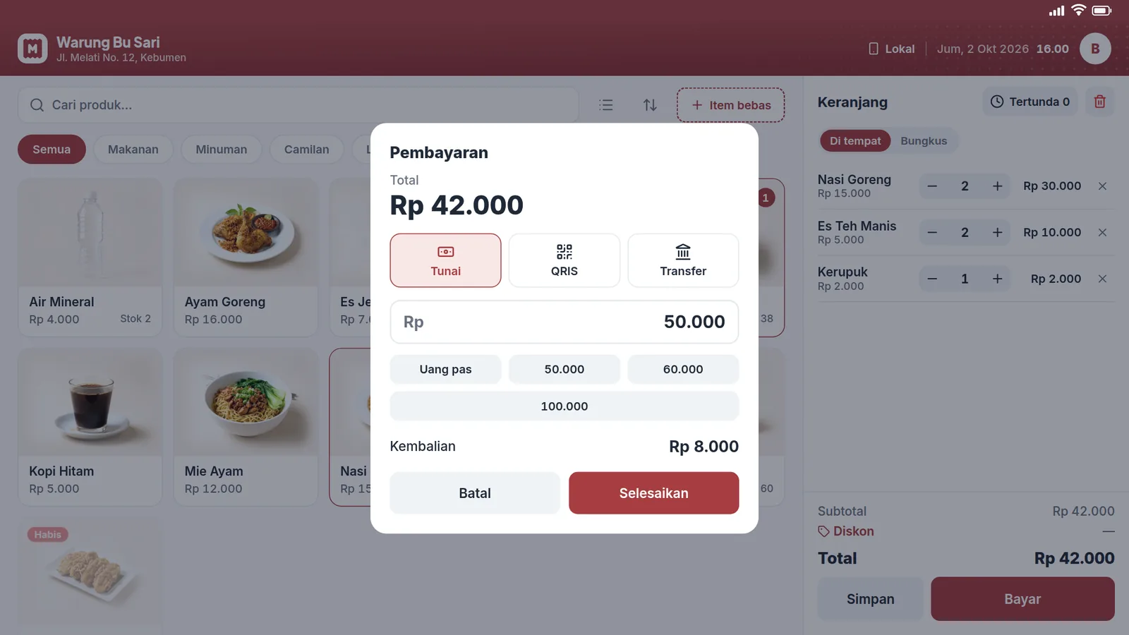 Pembayaran tunai di tablet dengan kembalian