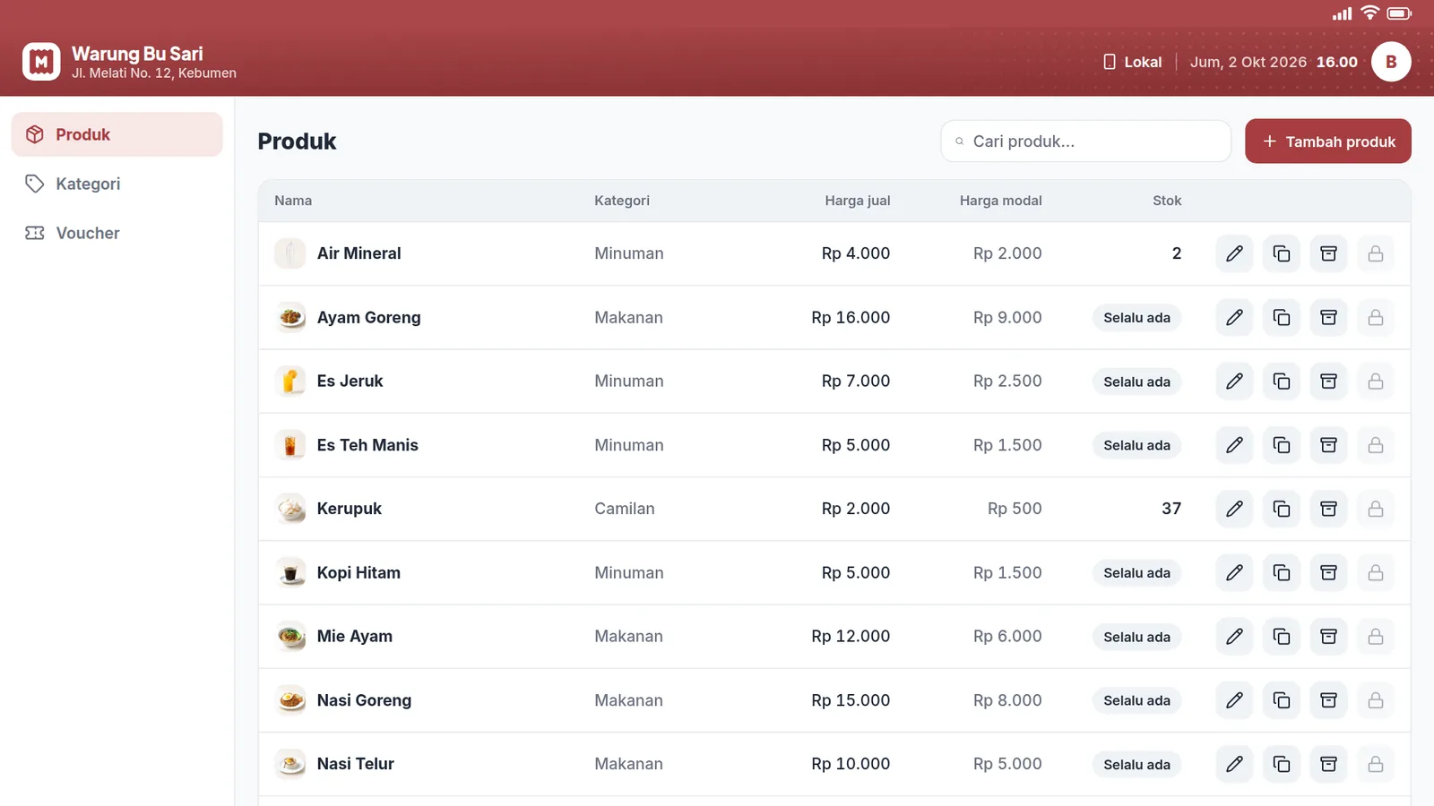 Tabel produk di tablet dengan harga jual, modal, dan stok