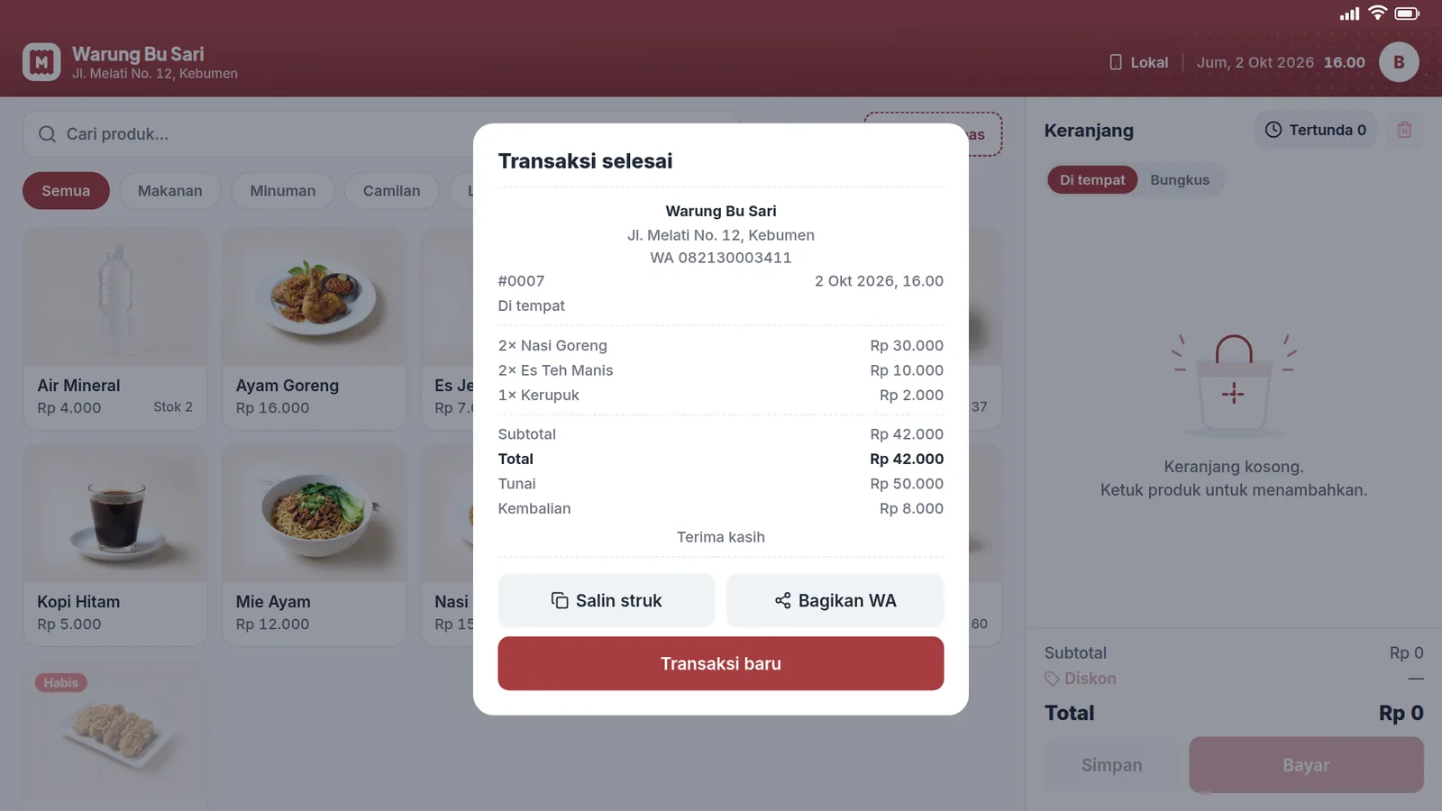 Struk transaksi selesai di tablet
